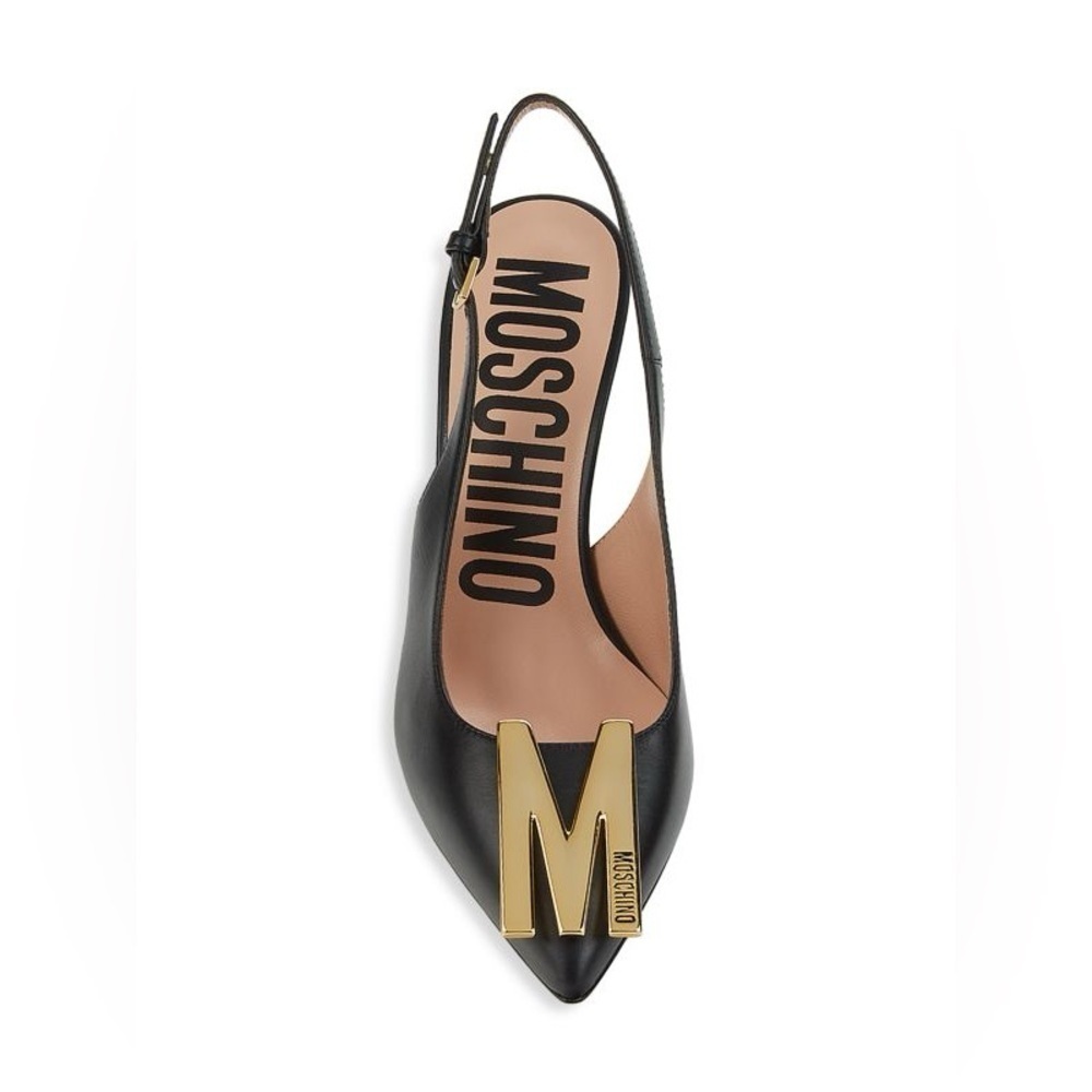 MOSCHINO Couture Gold Logo Black Leather Slingback Pumps Sz. 39 NEW! - Picture 3 of 9